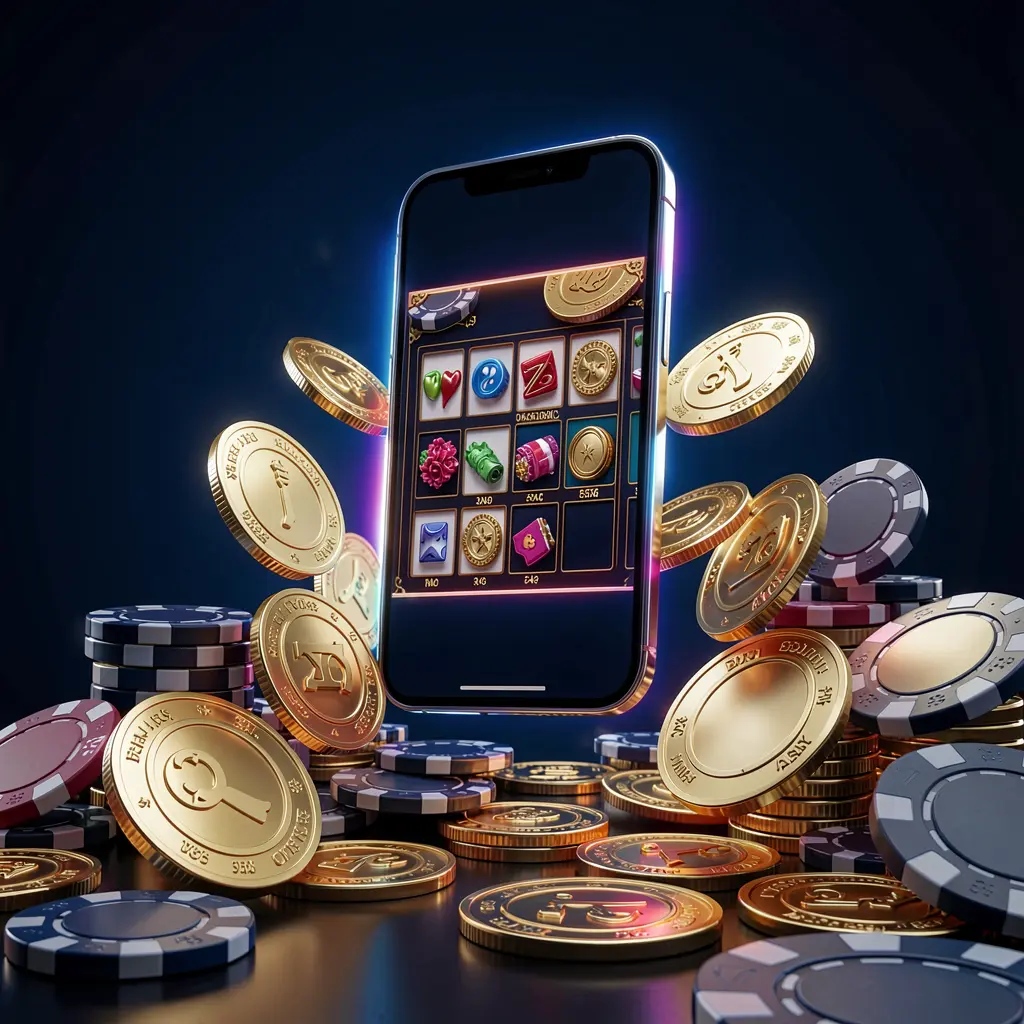 62 JL online casino app promotion banner showing a phone floating above golden coins and poker chips with a dark blue and black background and cinematic neon glow in a realistic 3D render
