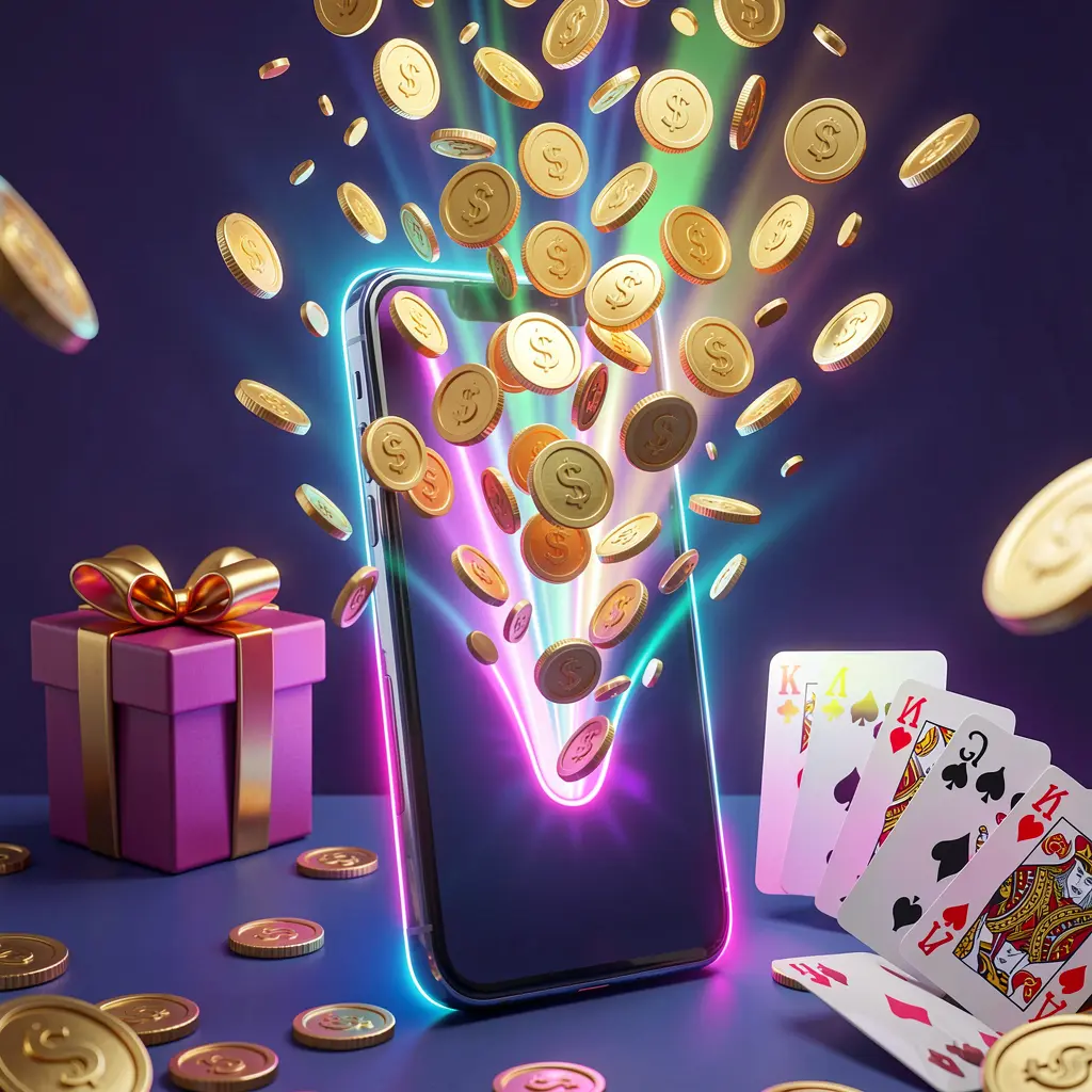 62 JL mobile casino bonus banner featuring a smartphone with coins bursting from the screen, a gift box and playing cards nearby, all illuminated by a bright neon glow in a premium realistic 3D render