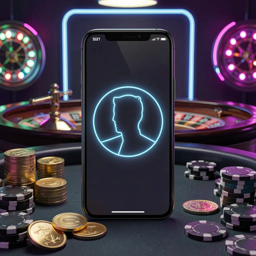 Modern phone displaying glowing profile icon for 62 JL online casino login, set against a premium dark neon background with roulette lights, golden coins, and poker chips