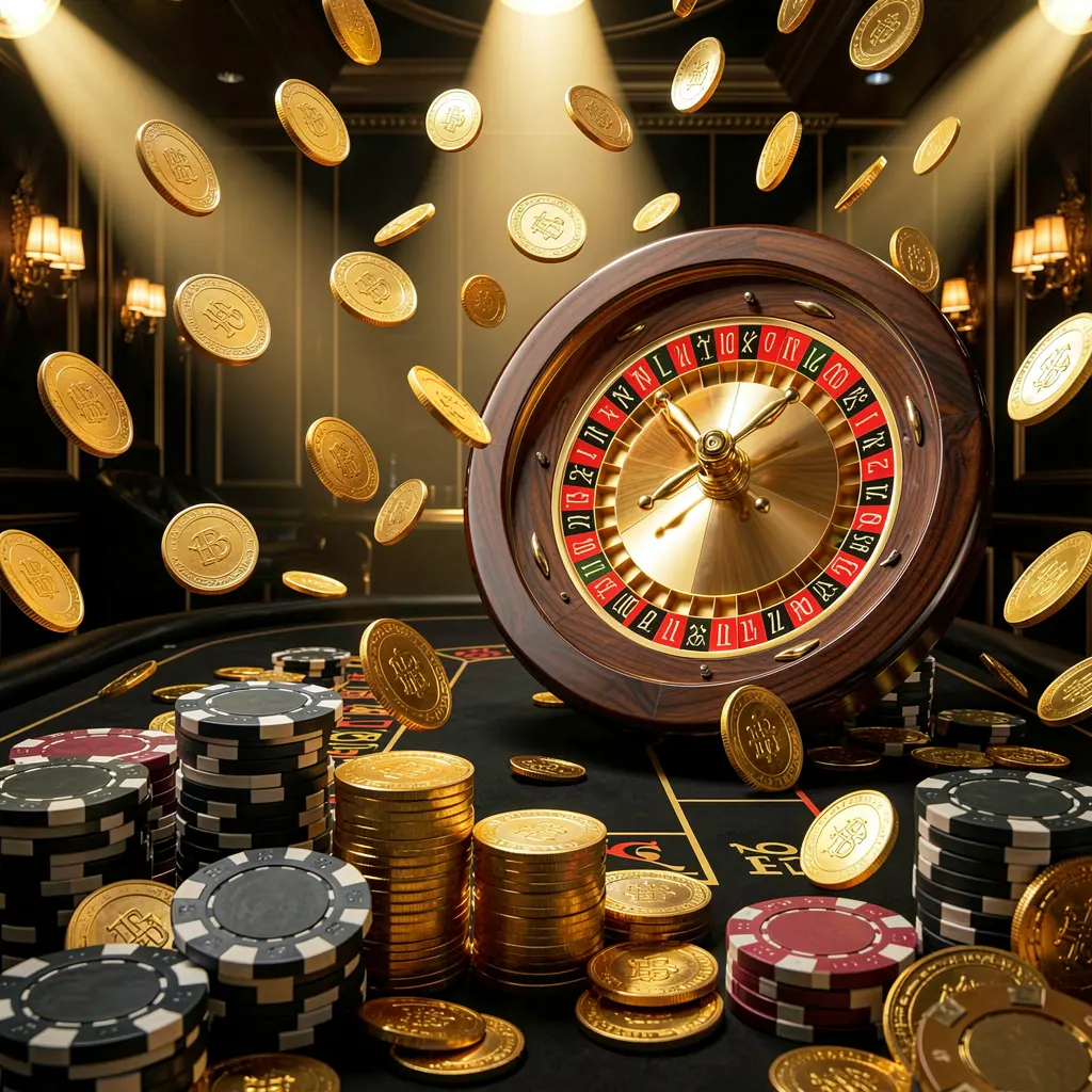 62 JL online casino main page background with dramatic casino lights, golden coins flying, stacked poker chips in the foreground, and a roulette wheel behind in a luxury black and gold atmosphere